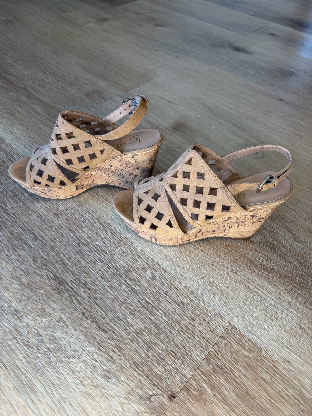 Franco Sarto Shea Suede open Toe Cork Wedge Sandals in Light Tan size 10 heel